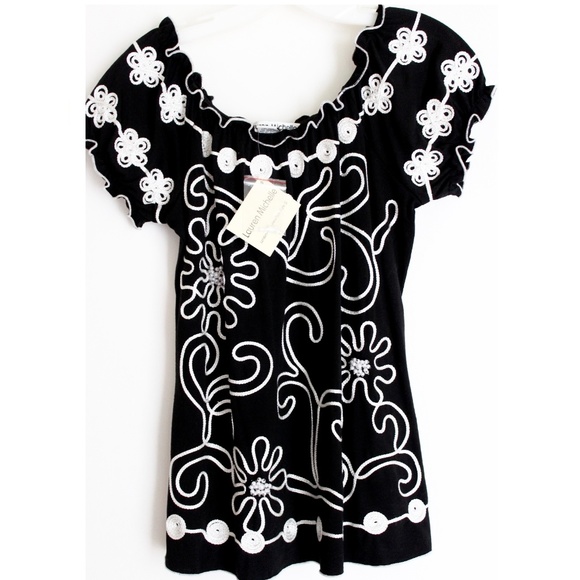 Smock Tunic Lauren Michelle Embroidered Classy B/W - Picture 2 of 8